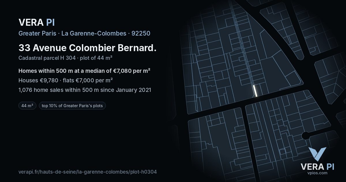 33 Avenue Colombier Bernard, La Garenne-Colombes at night – the plot lit, the parcels around coloured by the prices near them