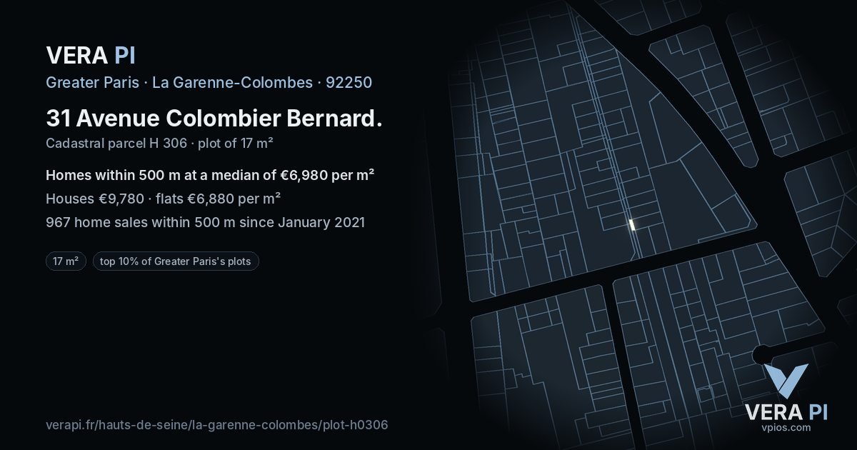 31 Avenue Colombier Bernard, La Garenne-Colombes at night – the plot lit, the parcels around coloured by the prices near them