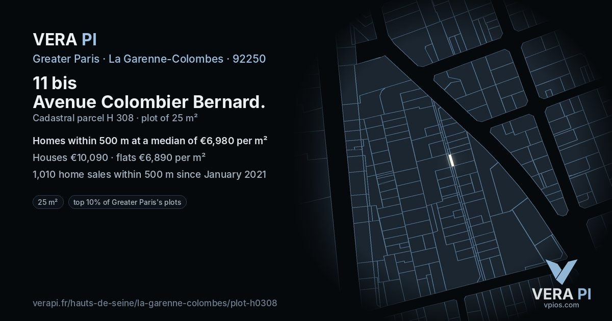11 bis Avenue Colombier Bernard, La Garenne-Colombes at night – the plot lit, the parcels around coloured by the prices near them