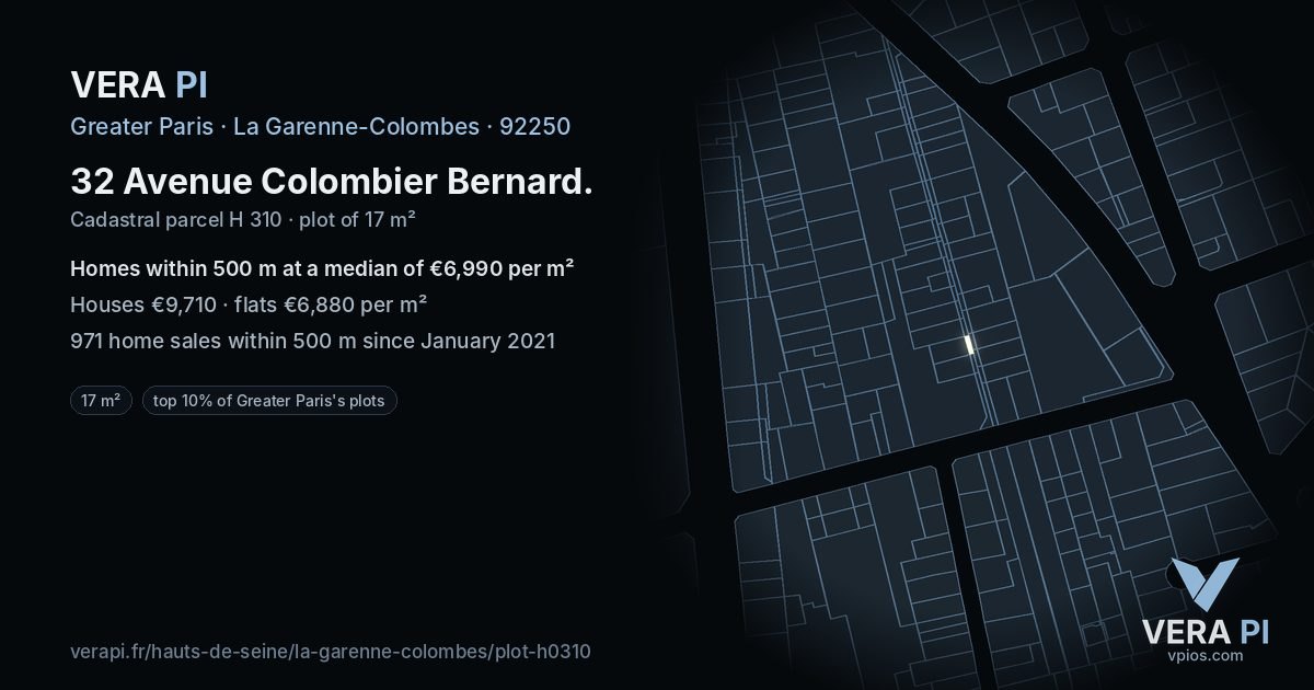 32 Avenue Colombier Bernard, La Garenne-Colombes at night – the plot lit, the parcels around coloured by the prices near them