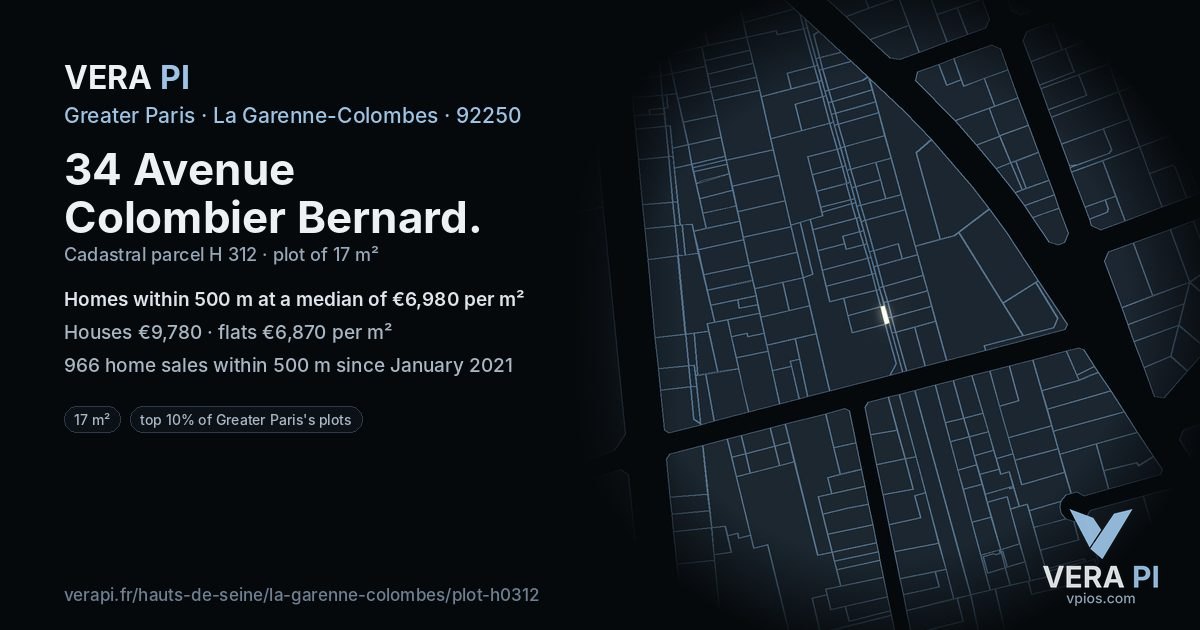 34 Avenue Colombier Bernard, La Garenne-Colombes at night – the plot lit, the parcels around coloured by the prices near them