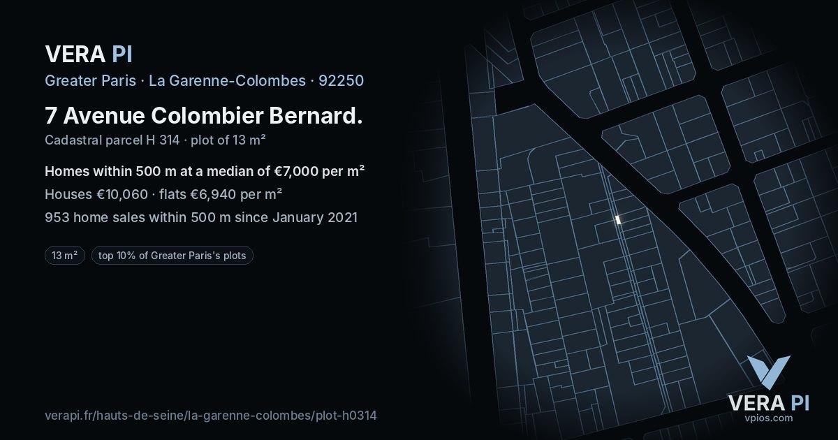 7 Avenue Colombier Bernard, La Garenne-Colombes at night – the plot lit, the parcels around coloured by the prices near them