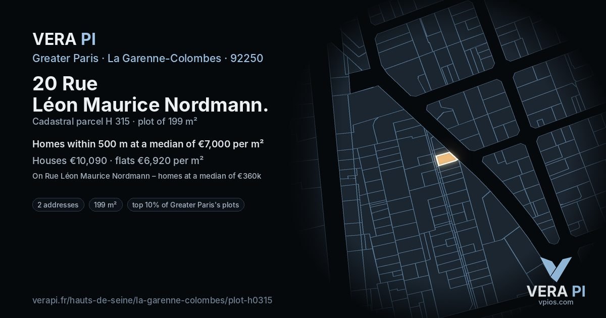 20 Rue Léon Maurice Nordmann, La Garenne-Colombes at night – the plot lit, the parcels around coloured by the prices near them