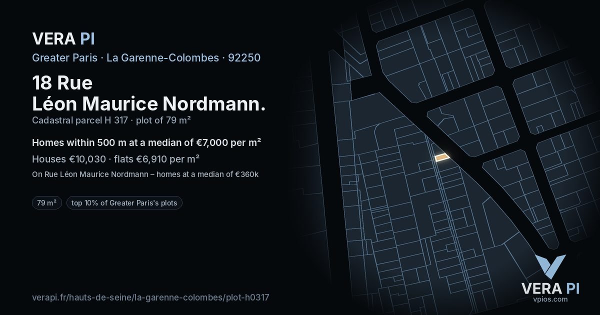 18 Rue Léon Maurice Nordmann, La Garenne-Colombes at night – the plot lit, the parcels around coloured by the prices near them