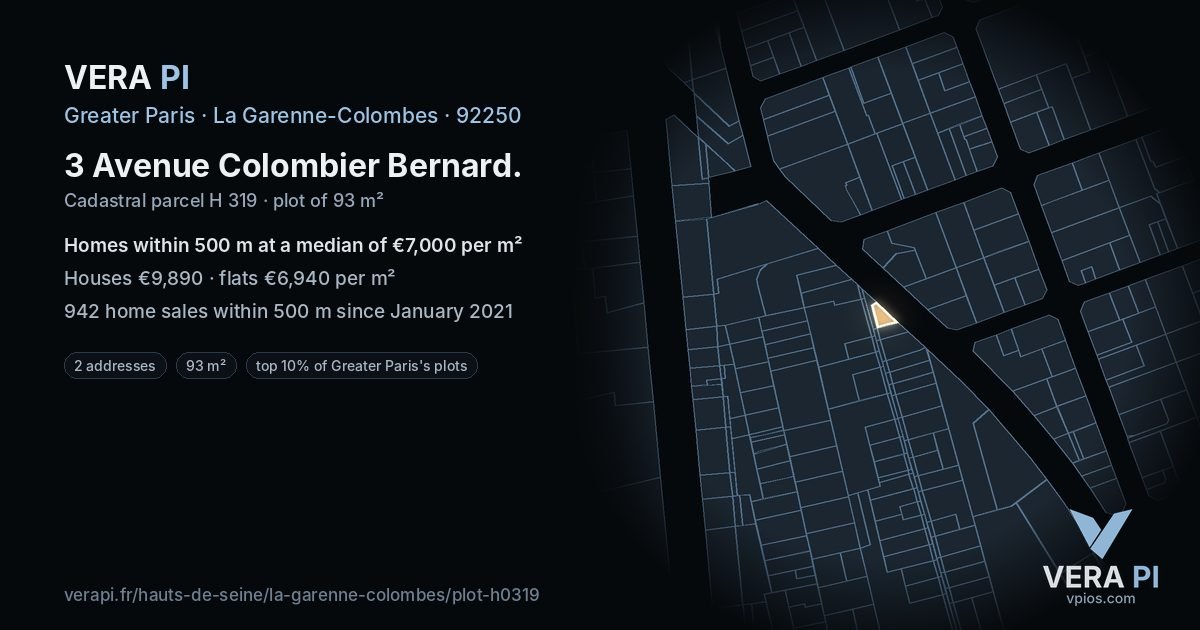 3 Avenue Colombier Bernard, La Garenne-Colombes at night – the plot lit, the parcels around coloured by the prices near them