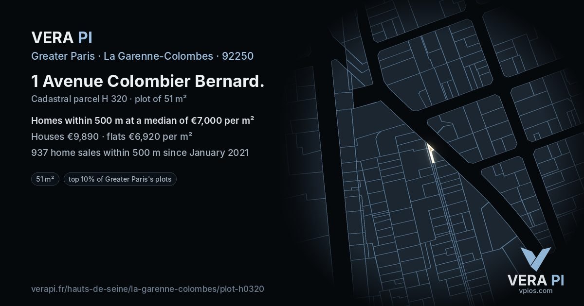 1 Avenue Colombier Bernard, La Garenne-Colombes at night – the plot lit, the parcels around coloured by the prices near them
