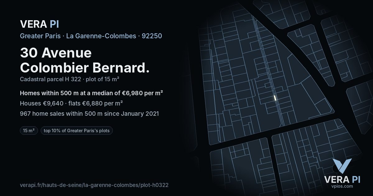 30 Avenue Colombier Bernard, La Garenne-Colombes at night – the plot lit, the parcels around coloured by the prices near them