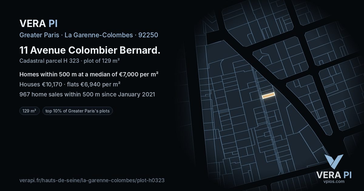 11 Avenue Colombier Bernard, La Garenne-Colombes at night – the plot lit, the parcels around coloured by the prices near them