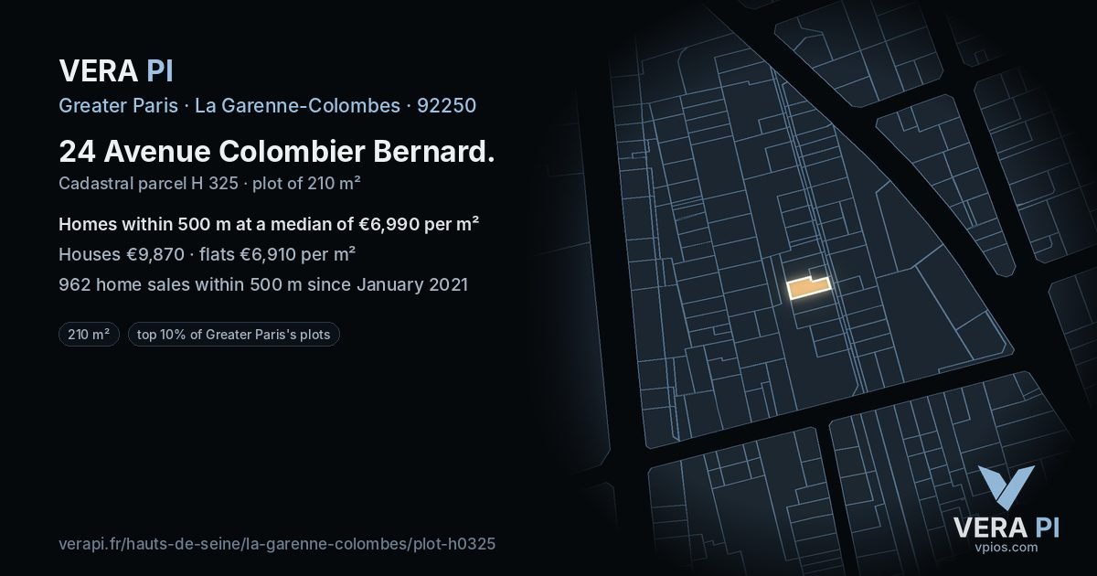 24 Avenue Colombier Bernard, La Garenne-Colombes at night – the plot lit, the parcels around coloured by the prices near them