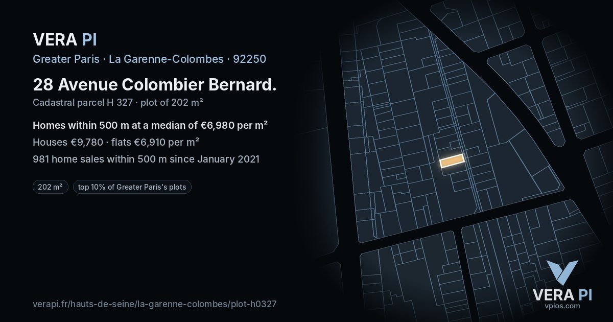 28 Avenue Colombier Bernard, La Garenne-Colombes at night – the plot lit, the parcels around coloured by the prices near them