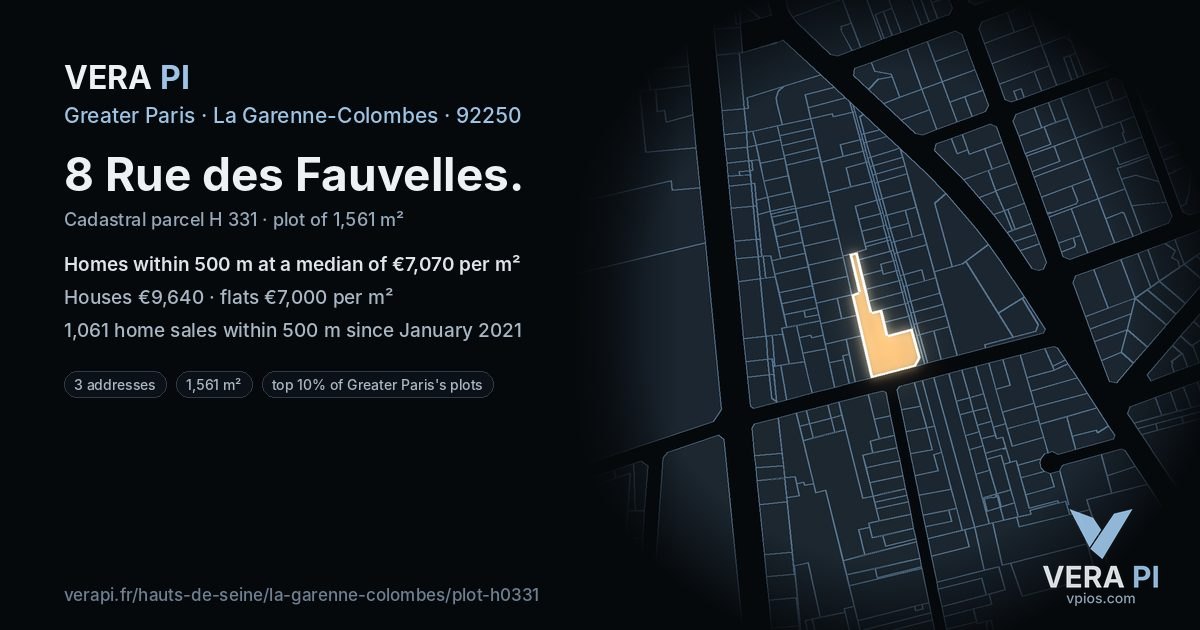 8 Rue des Fauvelles, La Garenne-Colombes at night – the plot lit, the parcels around coloured by the prices near them