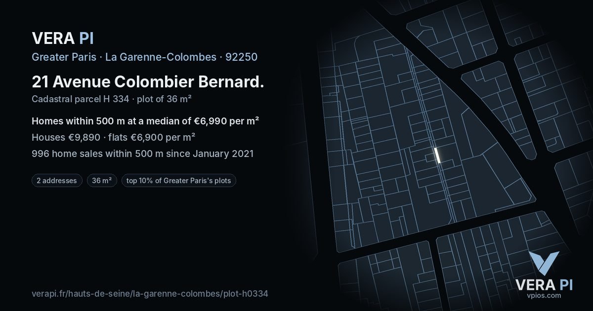 21 Avenue Colombier Bernard, La Garenne-Colombes at night – the plot lit, the parcels around coloured by the prices near them