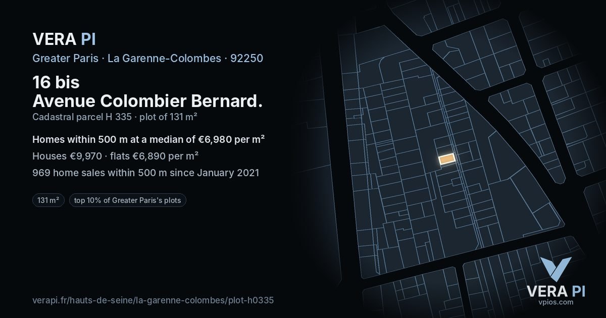 16 bis Avenue Colombier Bernard, La Garenne-Colombes at night – the plot lit, the parcels around coloured by the prices near them