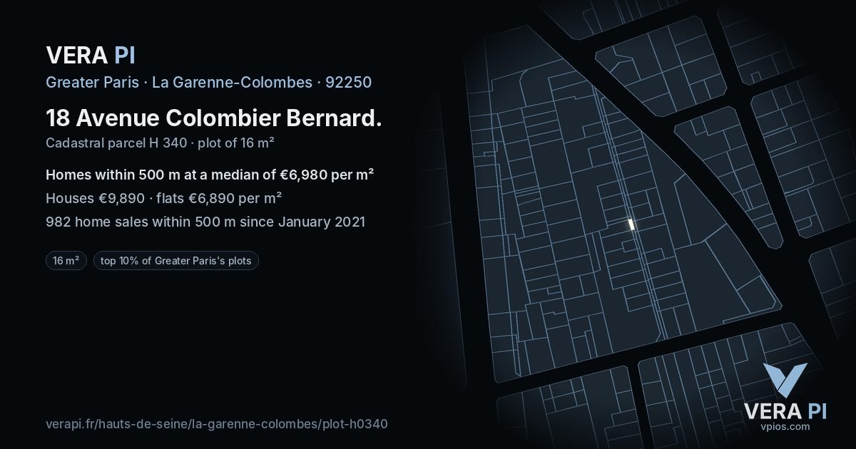 18 Avenue Colombier Bernard, La Garenne-Colombes at night – the plot lit, the parcels around coloured by the prices near them