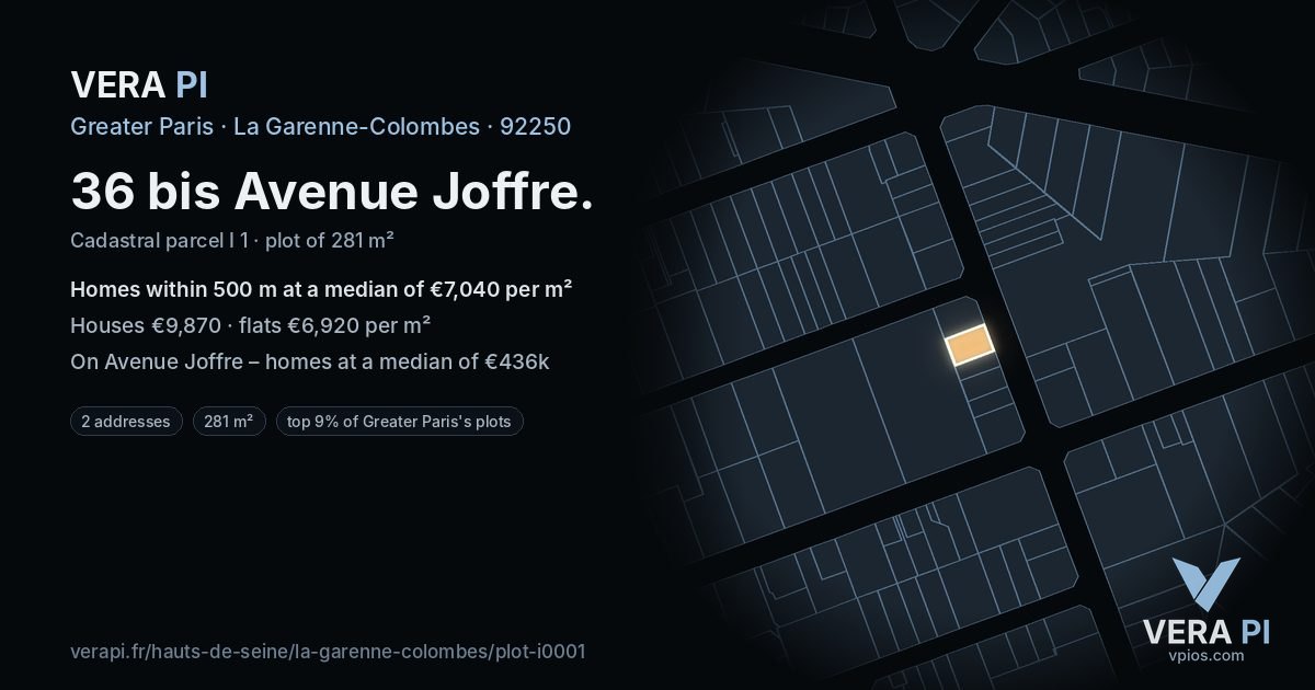 36 bis Avenue Joffre, La Garenne-Colombes at night – the plot lit, the parcels around coloured by the prices near them