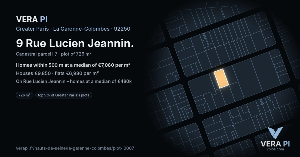 9 Rue Lucien Jeannin, La Garenne-Colombes at night – the plot lit, the parcels around coloured by the prices near them