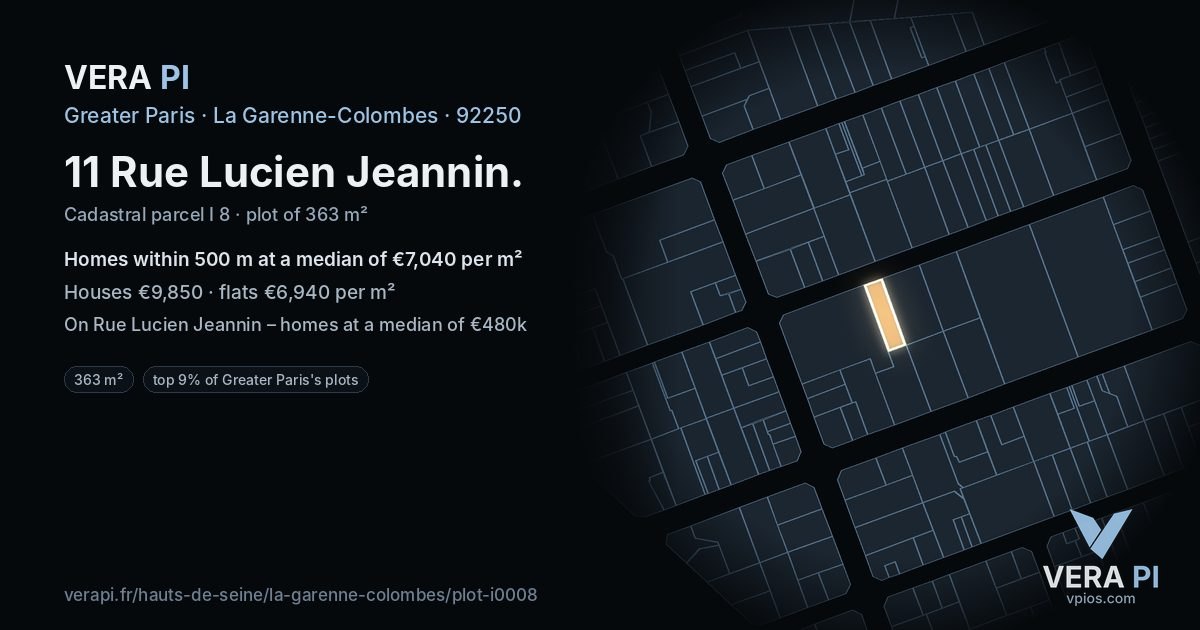 11 Rue Lucien Jeannin, La Garenne-Colombes at night – the plot lit, the parcels around coloured by the prices near them