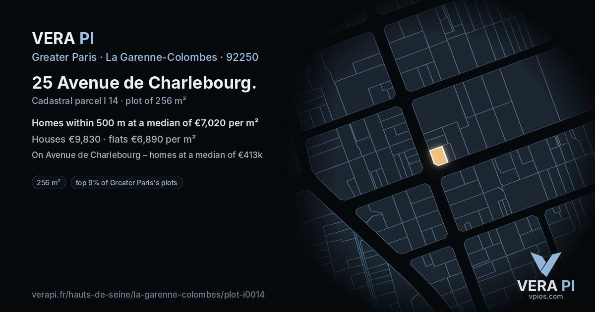 25 Avenue de Charlebourg, La Garenne-Colombes at night – the plot lit, the parcels around coloured by the prices near them