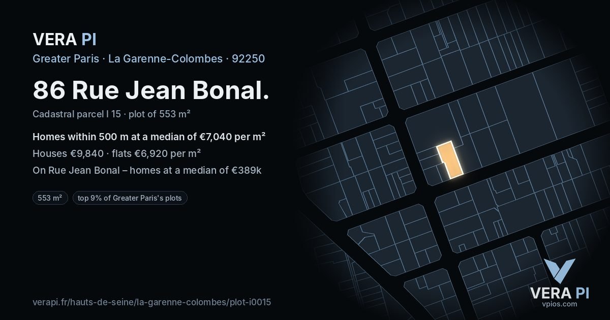 86 Rue Jean Bonal, La Garenne-Colombes at night – the plot lit, the parcels around coloured by the prices near them
