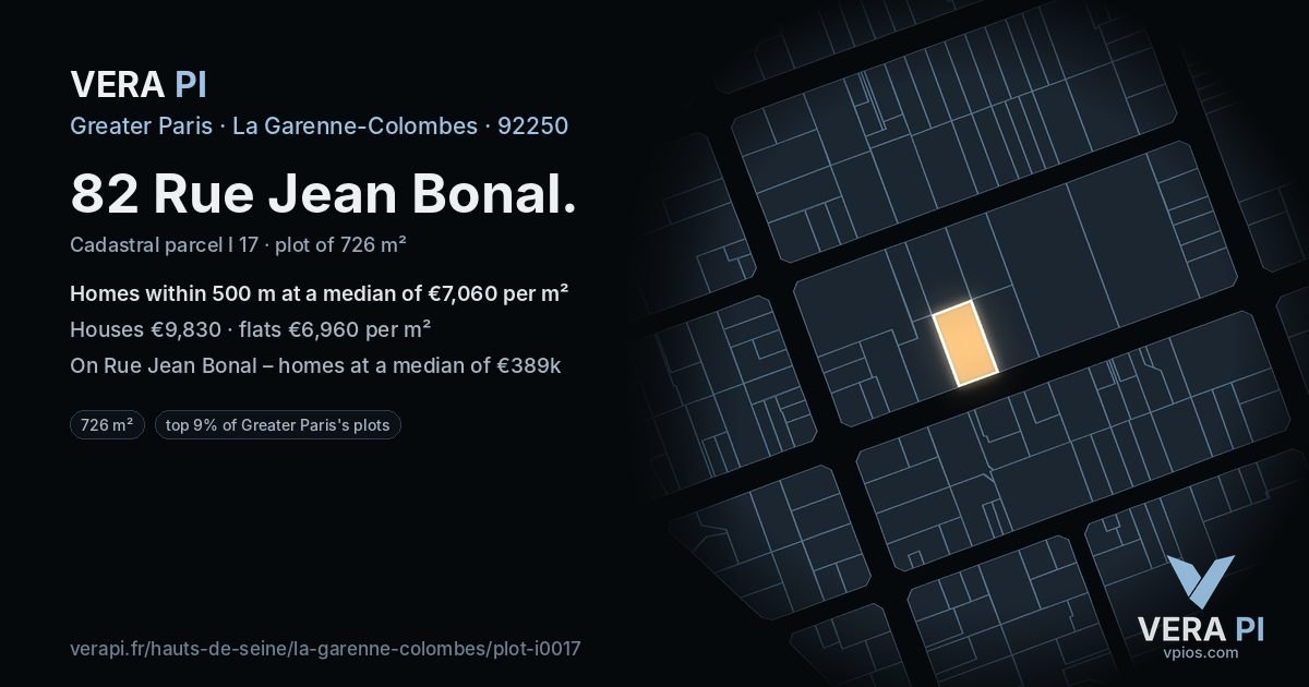 82 Rue Jean Bonal, La Garenne-Colombes at night – the plot lit, the parcels around coloured by the prices near them