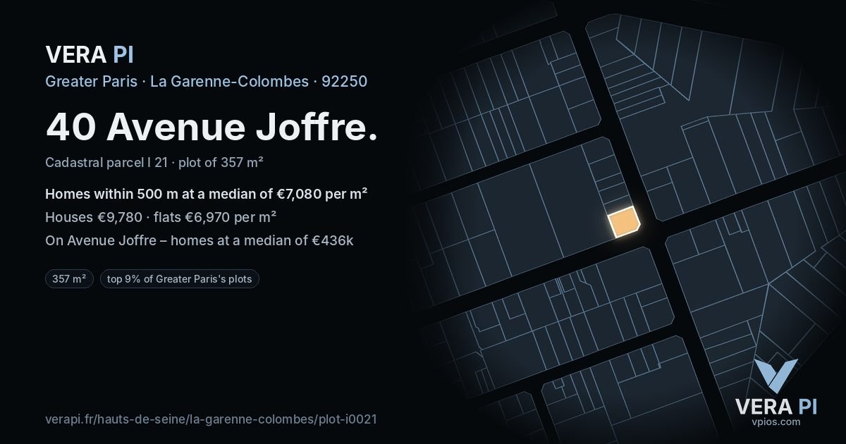 40 Avenue Joffre, La Garenne-Colombes at night – the plot lit, the parcels around coloured by the prices near them
