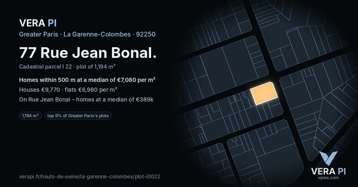 77 Rue Jean Bonal, La Garenne-Colombes at night – the plot lit, the parcels around coloured by the prices near them