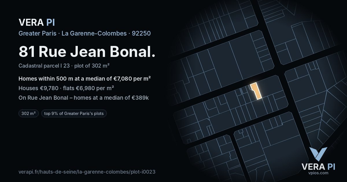 81 Rue Jean Bonal, La Garenne-Colombes at night – the plot lit, the parcels around coloured by the prices near them