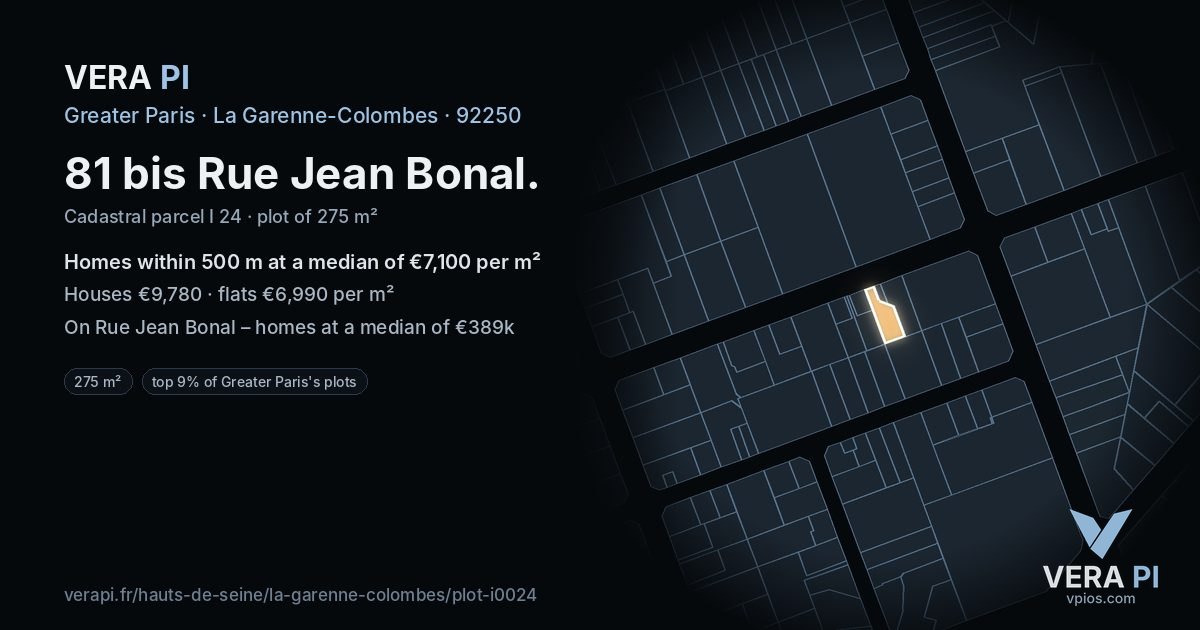 81 bis Rue Jean Bonal, La Garenne-Colombes at night – the plot lit, the parcels around coloured by the prices near them