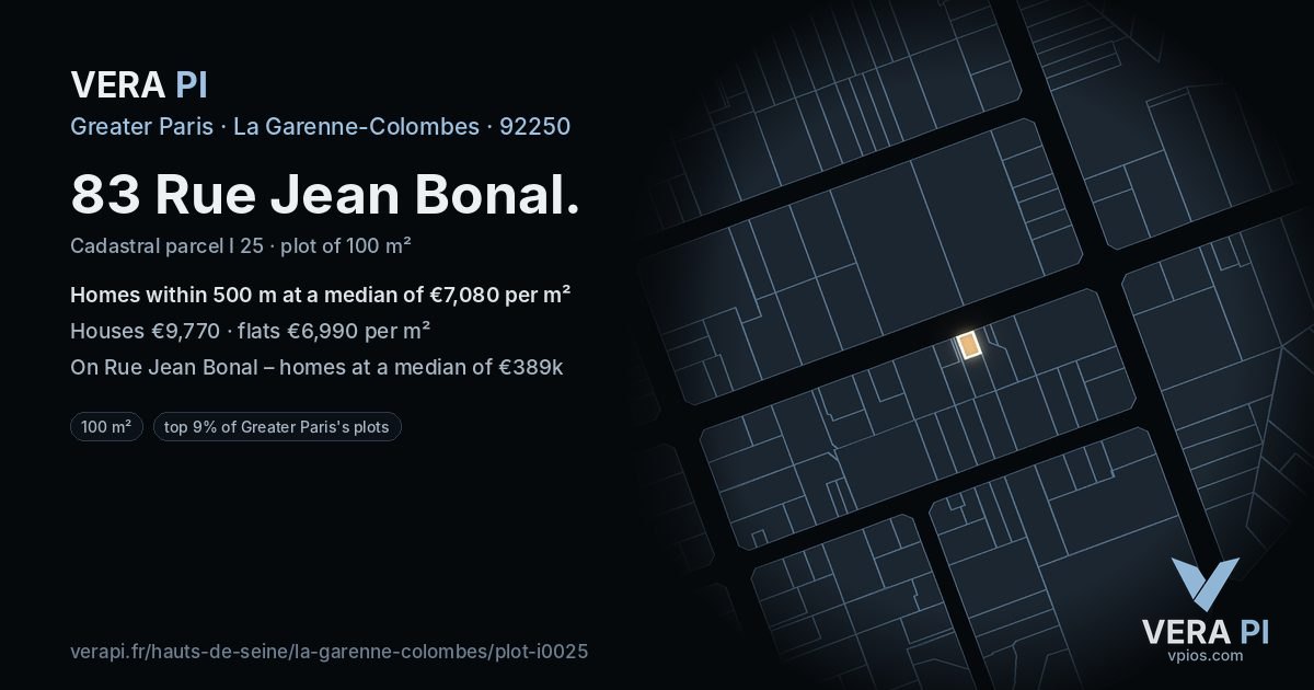 83 Rue Jean Bonal, La Garenne-Colombes at night – the plot lit, the parcels around coloured by the prices near them