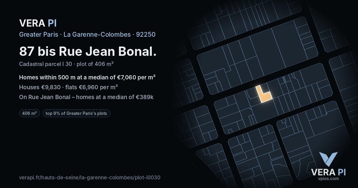 87 bis Rue Jean Bonal, La Garenne-Colombes at night – the plot lit, the parcels around coloured by the prices near them