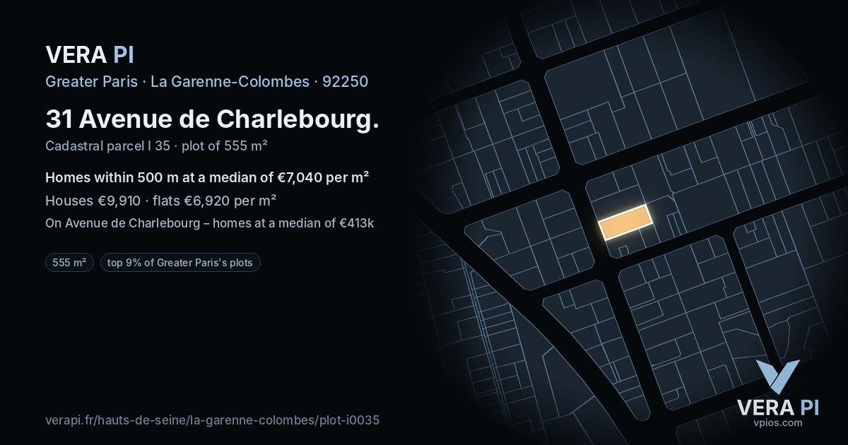 31 Avenue de Charlebourg, La Garenne-Colombes at night – the plot lit, the parcels around coloured by the prices near them