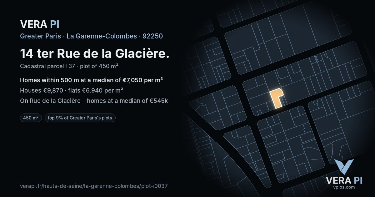 14 ter Rue de la Glacière, La Garenne-Colombes at night – the plot lit, the parcels around coloured by the prices near them