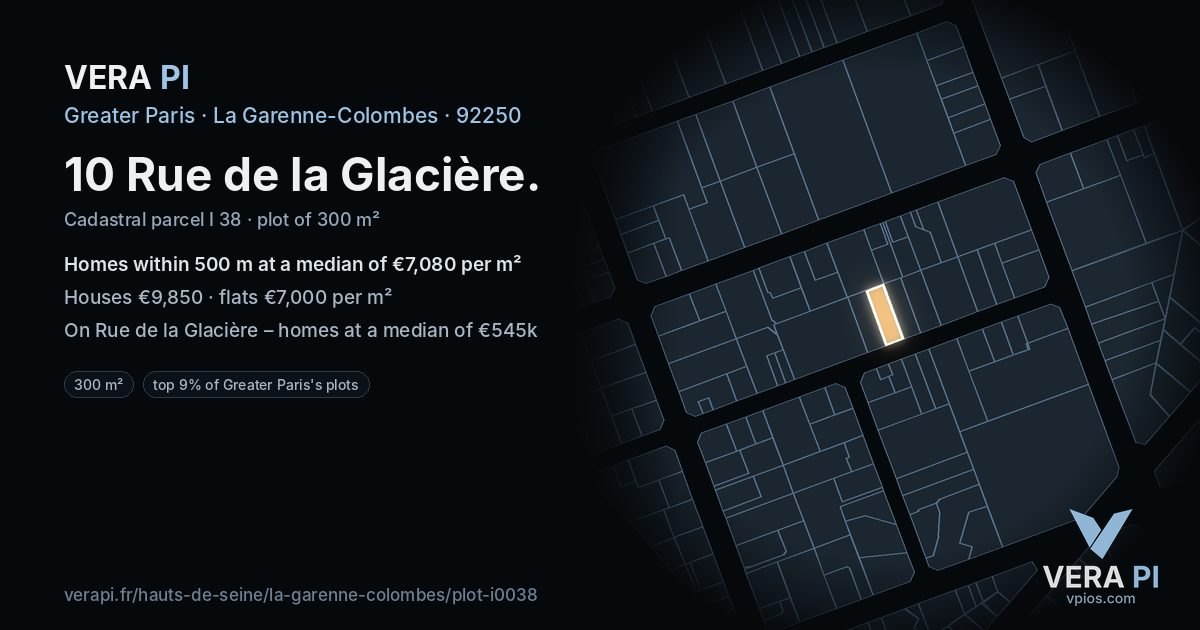 10 Rue de la Glacière, La Garenne-Colombes at night – the plot lit, the parcels around coloured by the prices near them