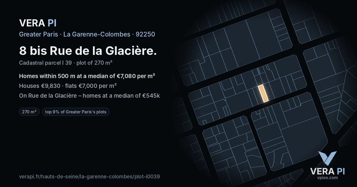 8 bis Rue de la Glacière, La Garenne-Colombes at night – the plot lit, the parcels around coloured by the prices near them