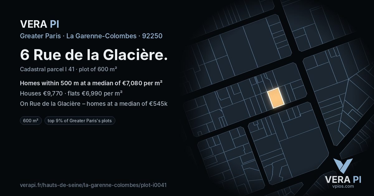6 Rue de la Glacière, La Garenne-Colombes at night – the plot lit, the parcels around coloured by the prices near them