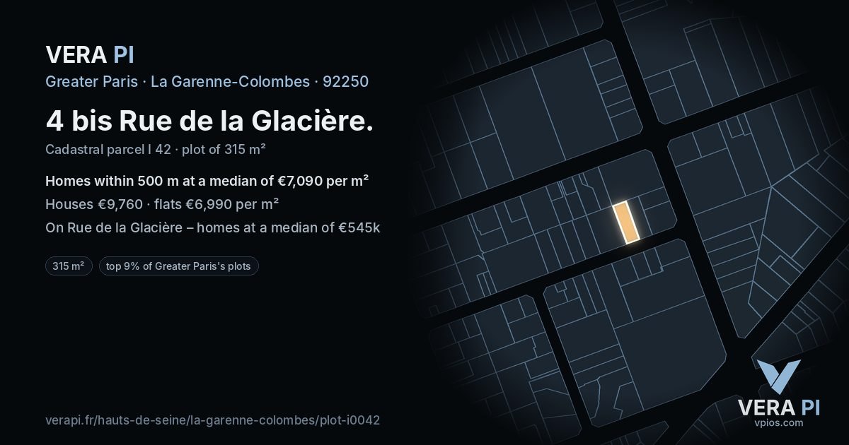 4 bis Rue de la Glacière, La Garenne-Colombes at night – the plot lit, the parcels around coloured by the prices near them