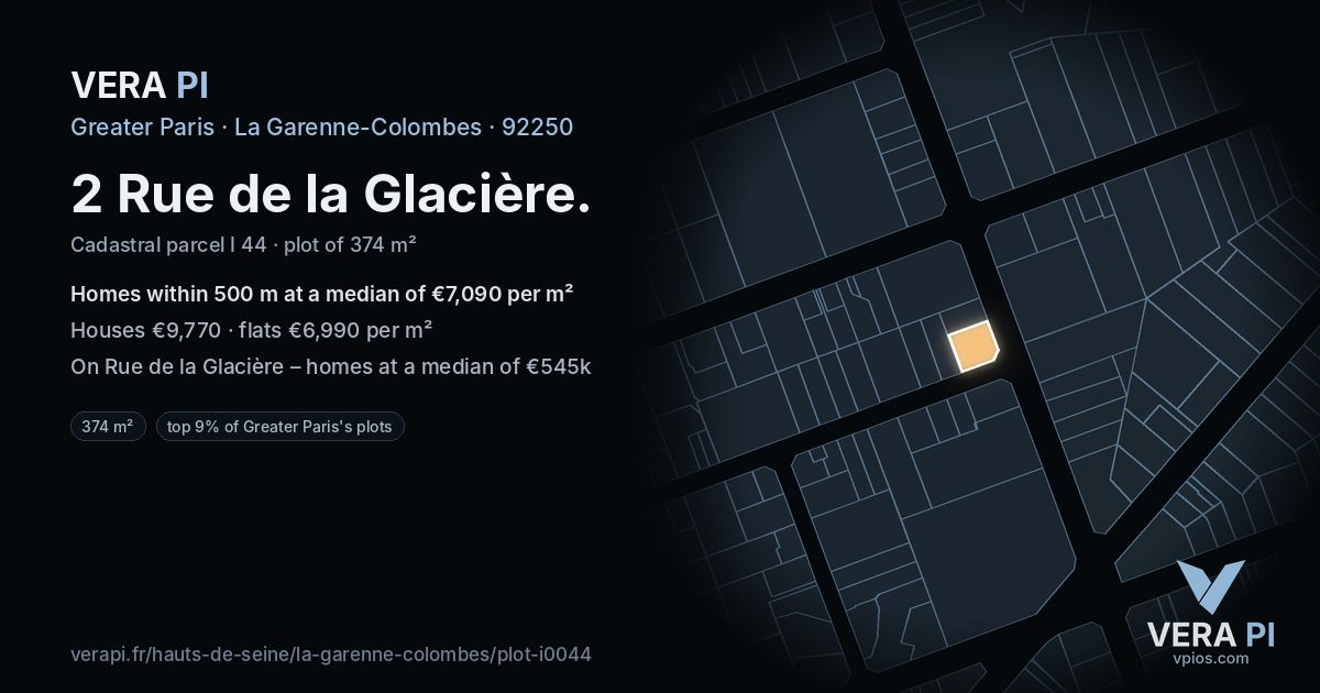 2 Rue de la Glacière, La Garenne-Colombes at night – the plot lit, the parcels around coloured by the prices near them
