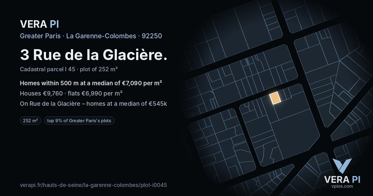 3 Rue de la Glacière, La Garenne-Colombes at night – the plot lit, the parcels around coloured by the prices near them