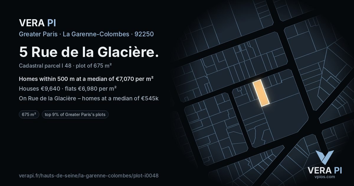 5 Rue de la Glacière, La Garenne-Colombes at night – the plot lit, the parcels around coloured by the prices near them