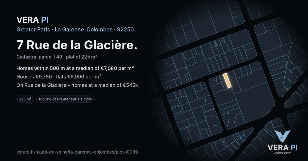 7 Rue de la Glacière, La Garenne-Colombes at night – the plot lit, the parcels around coloured by the prices near them