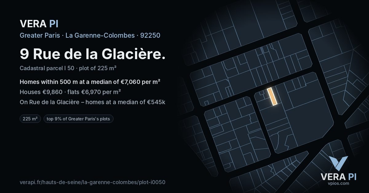 9 Rue de la Glacière, La Garenne-Colombes at night – the plot lit, the parcels around coloured by the prices near them