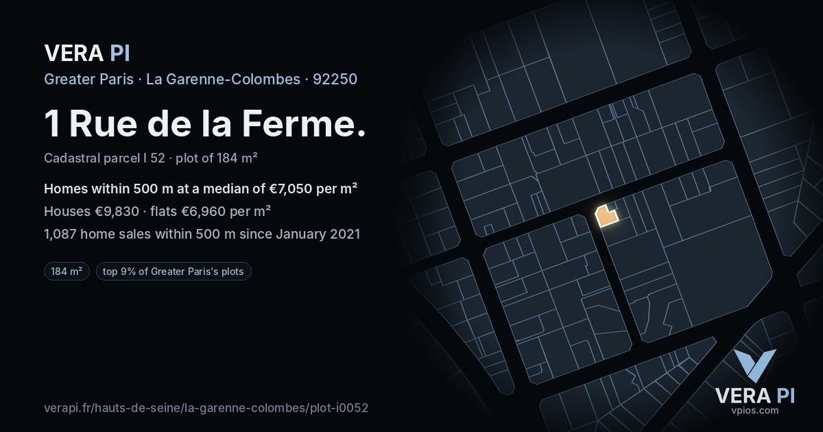 1 Rue de la Ferme, La Garenne-Colombes at night – the plot lit, the parcels around coloured by the prices near them
