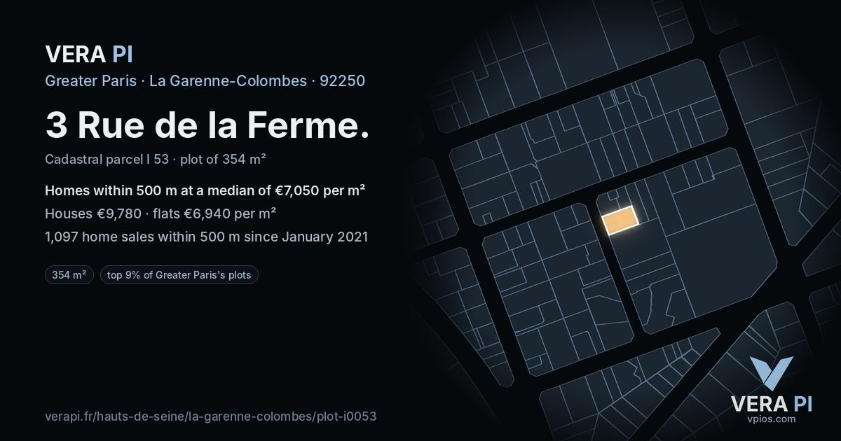 3 Rue de la Ferme, La Garenne-Colombes at night – the plot lit, the parcels around coloured by the prices near them