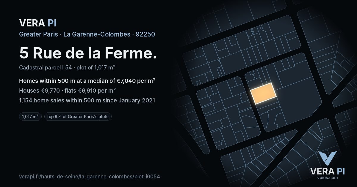 5 Rue de la Ferme, La Garenne-Colombes at night – the plot lit, the parcels around coloured by the prices near them