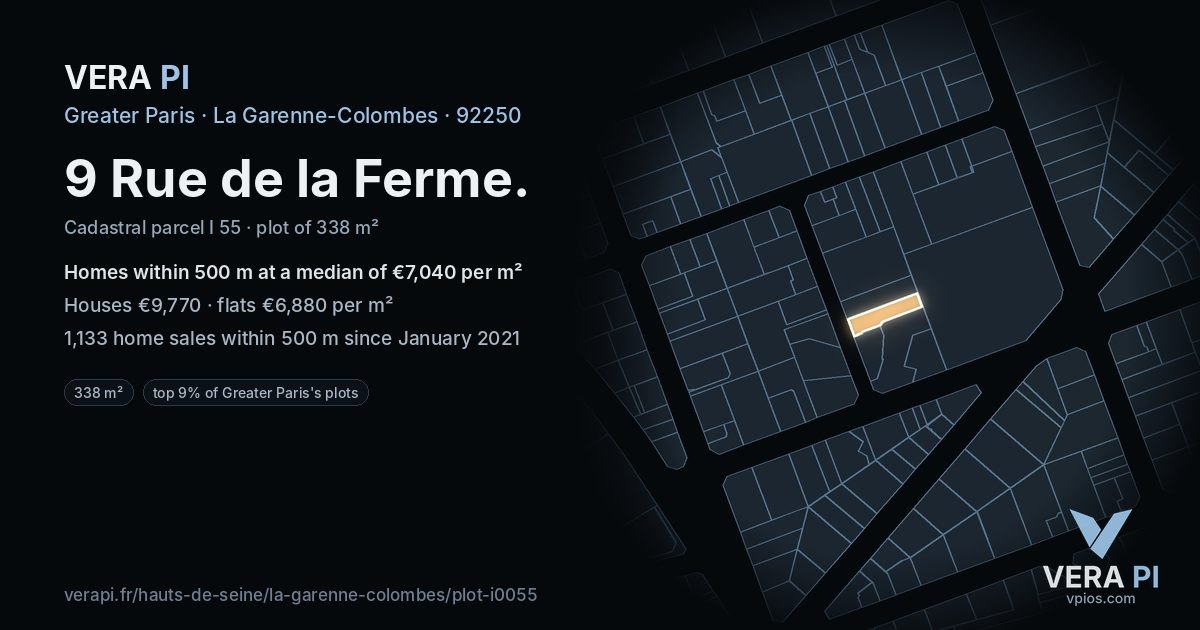 9 Rue de la Ferme, La Garenne-Colombes at night – the plot lit, the parcels around coloured by the prices near them