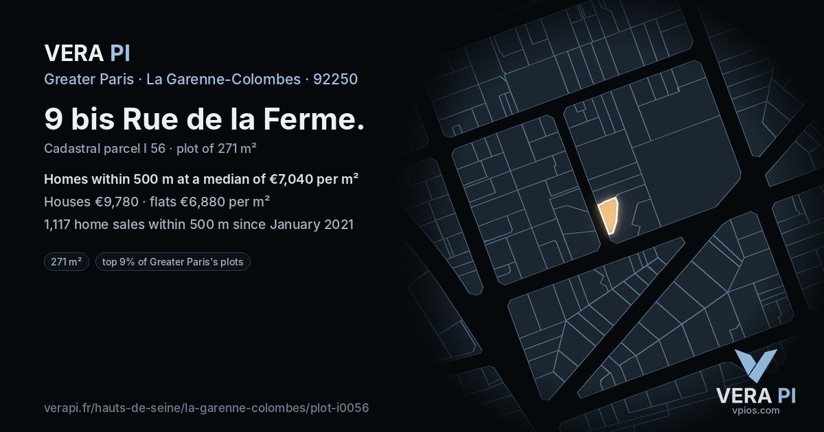 9 bis Rue de la Ferme, La Garenne-Colombes at night – the plot lit, the parcels around coloured by the prices near them