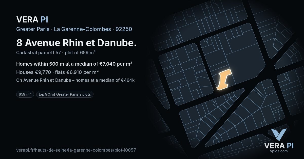 8 Avenue Rhin et Danube, La Garenne-Colombes at night – the plot lit, the parcels around coloured by the prices near them