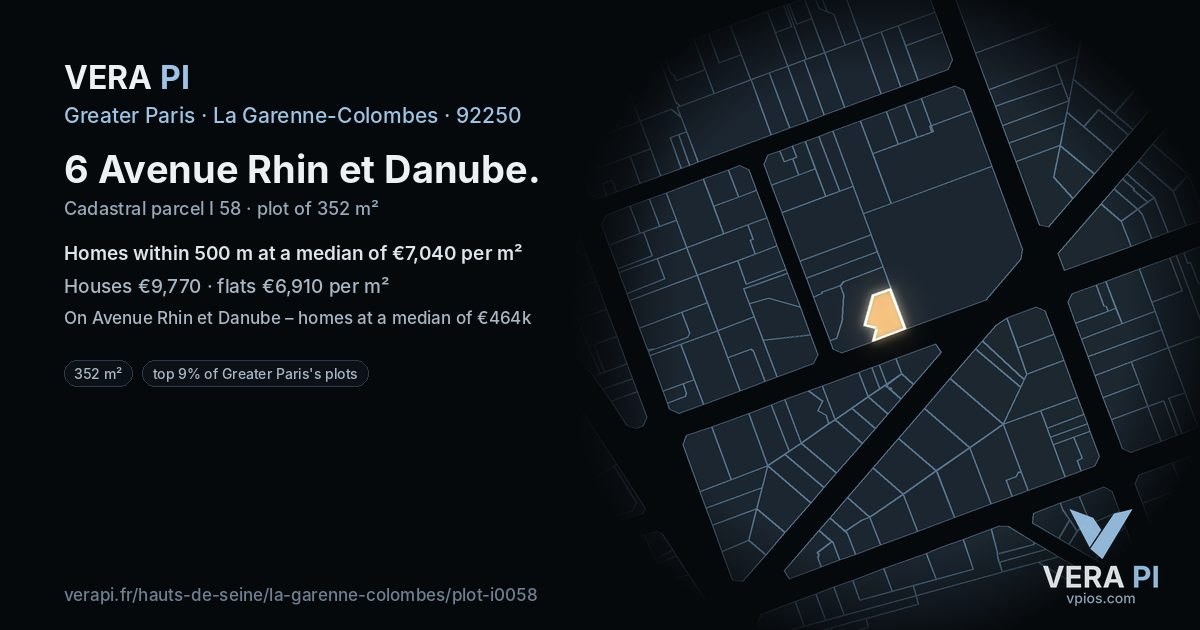 6 Avenue Rhin et Danube, La Garenne-Colombes at night – the plot lit, the parcels around coloured by the prices near them