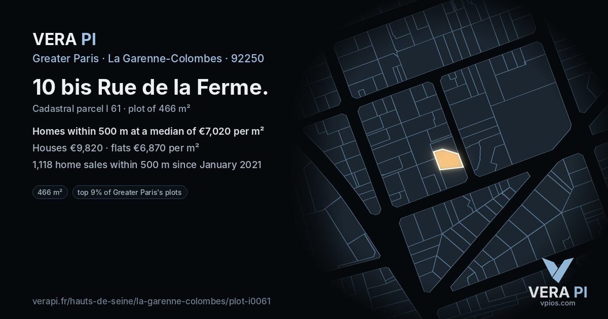 10 bis Rue de la Ferme, La Garenne-Colombes at night – the plot lit, the parcels around coloured by the prices near them