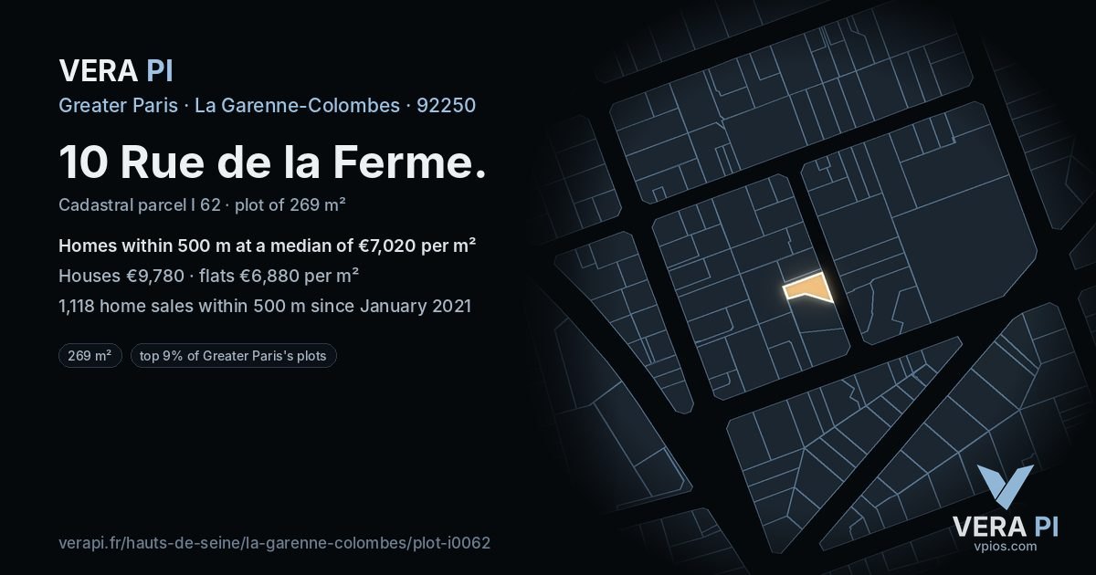 10 Rue de la Ferme, La Garenne-Colombes at night – the plot lit, the parcels around coloured by the prices near them